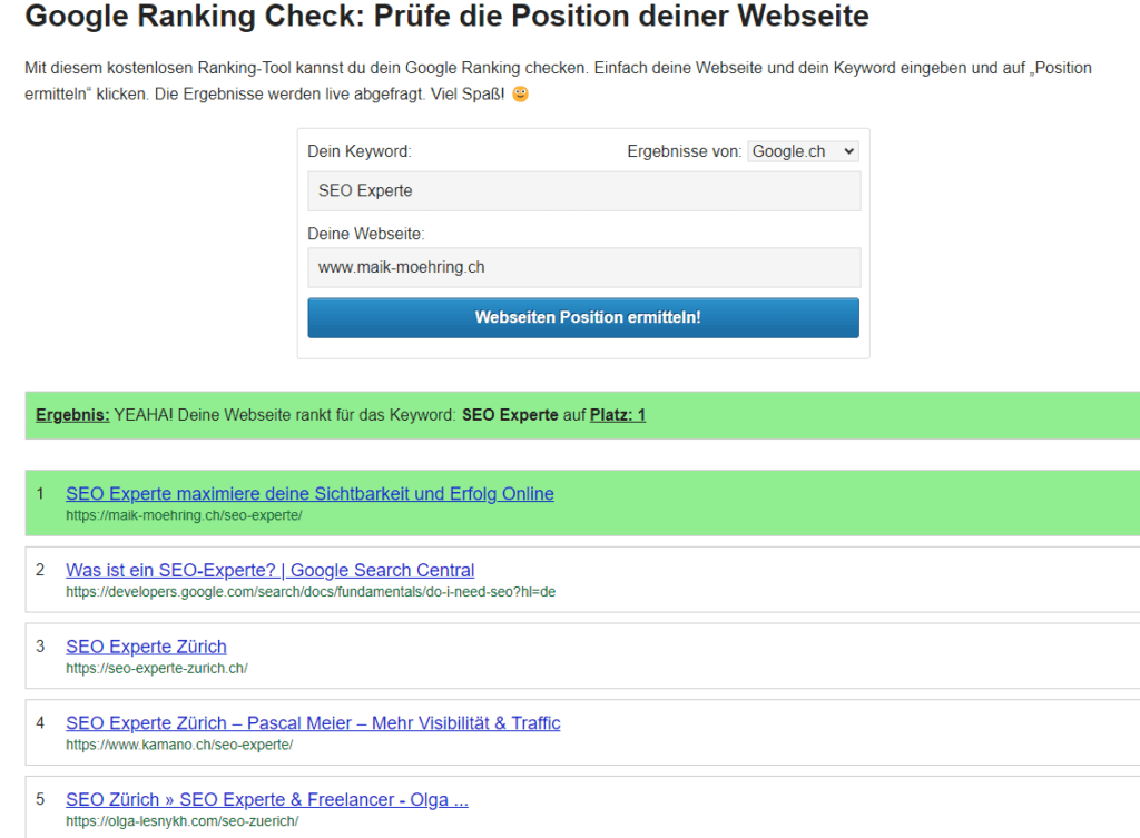 Unsere Agentur wird auf der 1. Position in den Google-Suchergebnissen gefunden, was mit dem Ranking Check mit unserem Profi-SEO-Tool übereinstimmt.